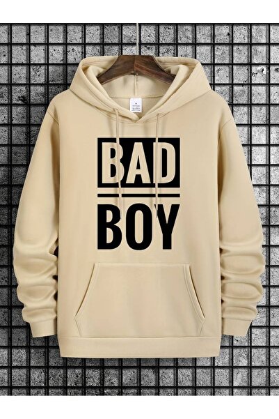 Flood Of Style Μπεζ ανδρικό μπλουζάκι με κουκούλα Bad Boy με τύπωμα 3 Thread ...