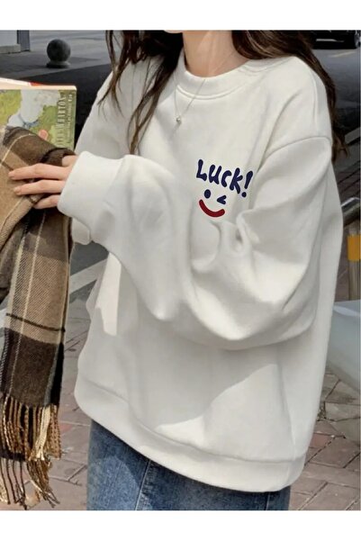 Flood Of Style Femeie albă, noroc alb! cu imprimeu guler rotund supradimensionat