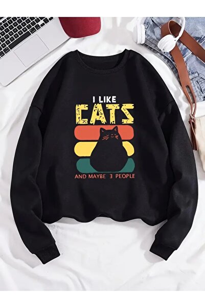 Flood Of Style Black Women's Black I Like Cat Printed Crew Neck