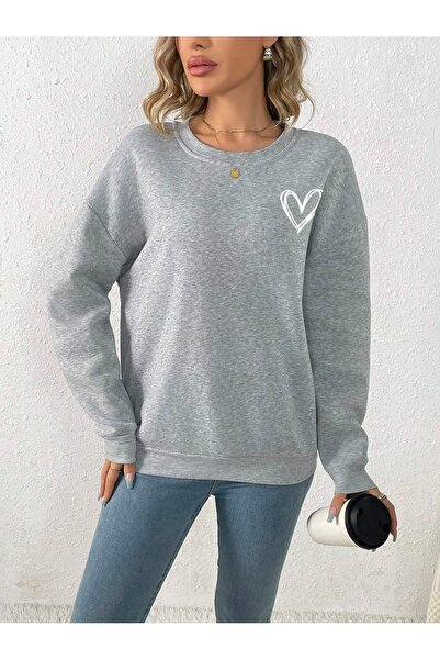 Flood Of Style Grey Woman Grey Striped Heart cu imprimeu guler rotund supradi...