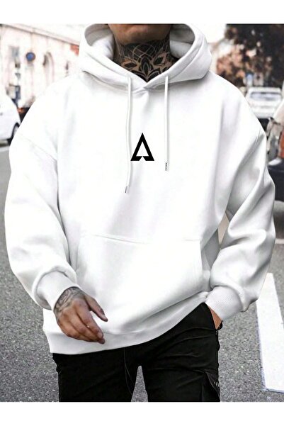 Flood Of Style White Men's White Triangle Printed 3 Thread Hooded Hoodie