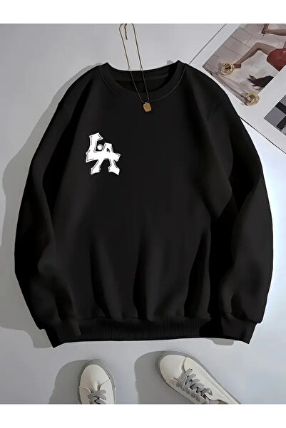 Flood Of Style Μαύρο γυναικείο μπλουζάκι με μαύρο λογότυπο La με τύπωμα Crew ...