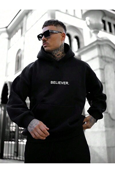 Flood Of Style Hanorac negru pentru bărbați Black Believer cu imprimeu 3 Thre...