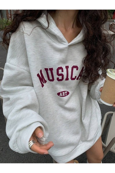 Flood Of Style هوديي بقلنسوة مطبوع عليه فن موسيقي رمادي للنساء