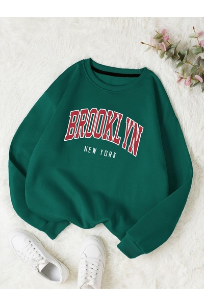 Flood Of Style Green Unisex Nefti Green Brooklyn New York Printed Crew Neck Oversize