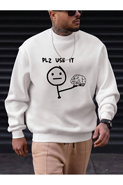 Flood Of Style Bărbat alb alb Plz Use It cu imprimeu guler rotund supradimensionat