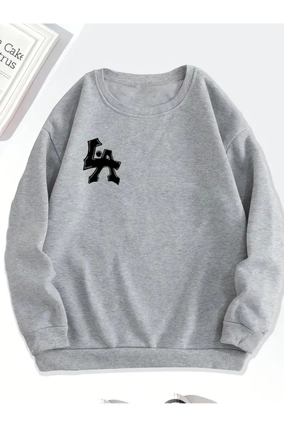 Flood Of Style Grey Woman Grey Logo La cu imprimeu guler rotund supradimensionat