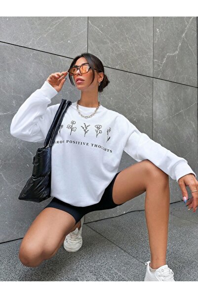 Flood Of Style White Women's White Positive Garden Printed Crew Neck Oversize