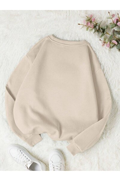 Flood Of Style Bej Femei Bej Little Heart cu imprimeu supradimensionat guler rotund