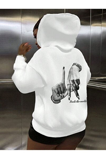 Flood Of Style Femeie albă White Rock The World cu imprimeu cu glugă supradimensionat