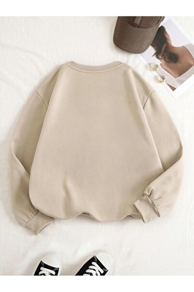 Flood Of Style Beige Women's Beige Bats Printed Crew Neck Oversize