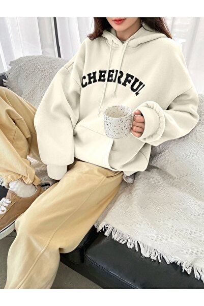 Flood Of Style Λευκό γυναικείο μπλουζάκι με κουκούλα Cheerful με τύπωμα με κο...