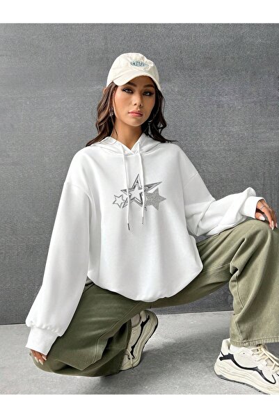 Flood Of Style Hanorac alb pentru femei, alb, trei stele, cu imprimeu cu glugă