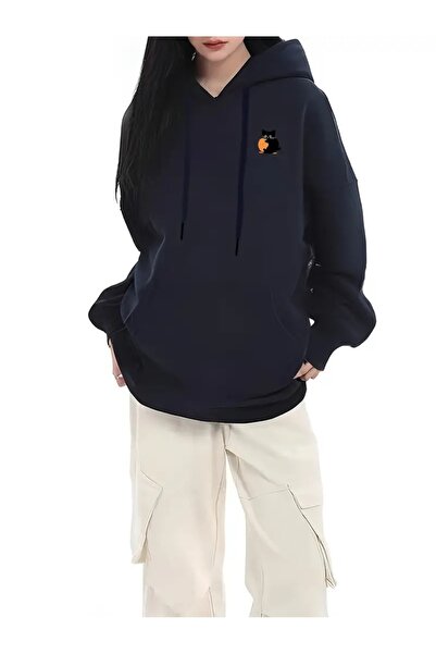 Flood Of Style Hanorac pentru femei, albastru bleumarin, cu logo Cat cu imprimeu 3 Thread K cu glugă