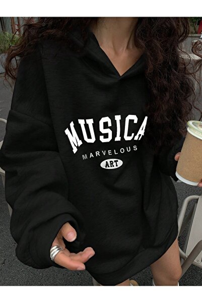 Flood Of Style Черна жена Черна музикална изкуство Печатна качулка с качулка