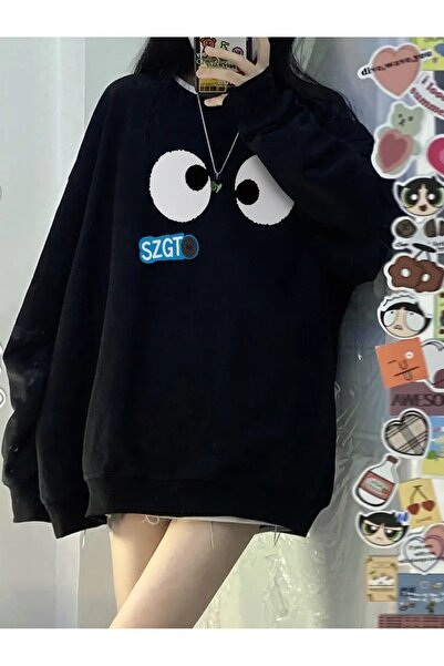 Flood Of Style Ochi negri pentru femei negre cu imprimeu guler rotund supradi...