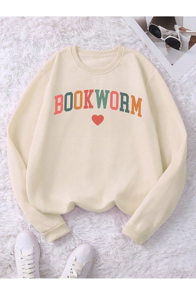 Flood Of Style Bej Unisex Bej Bookworm cu imprimeu guler rotund supradimensionat