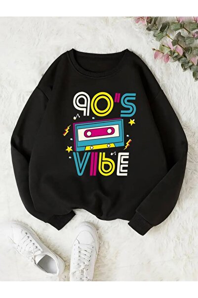 Flood Of Style Black Women's Black 90's Vibe Printed Crew Neck Oversize