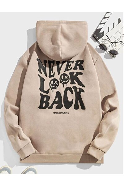 Flood Of Style Hanorac unisex bej cu imprimeu "Never Look Back" din 3 fire cu glugă