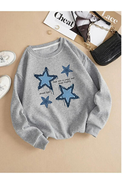 Flood Of Style Femeie Gri Gri Light cu imprimeu cu stele, guler rotund supradimensionat