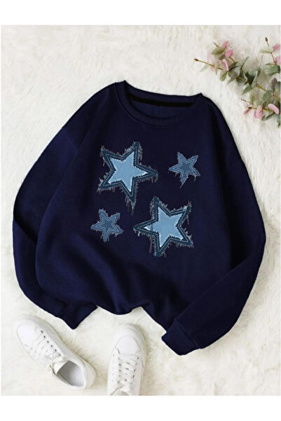 Flood Of Style Albastru bleumarin pentru femei Albastru bleumarin Light Star cu imprimeu guler rotund supradimensionat