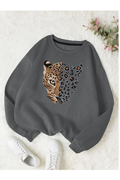 Flood Of Style Γκρι Unisex Καπνιστός Λεοπάρ με τύπωμα Στρογγυλή Λαιμόκοψη Oversize