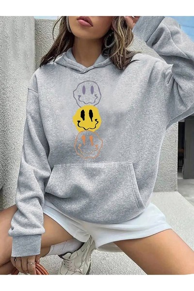 Flood Of Style Γκρι γυναικεία μπλούζα με κουκούλα με γκρι χαμογελαστά πρόσωπα...