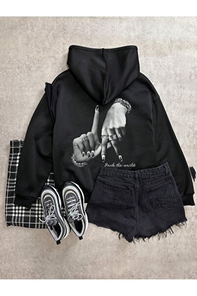 Flood Of Style Femeie neagră Black Rock The World cu imprimeu cu glugă supradimensionat