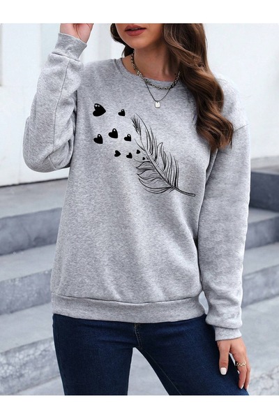 Flood Of Style Femeie Gri Pulover cu Imprimeu în Formă de Inimă Gri cu Pene G...