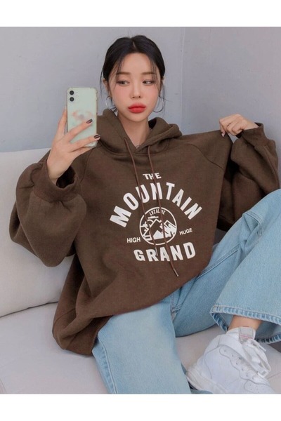 Flood Of Style Καφέ Γυναικείο Φούτερ Grand Mountain με κουκούλα