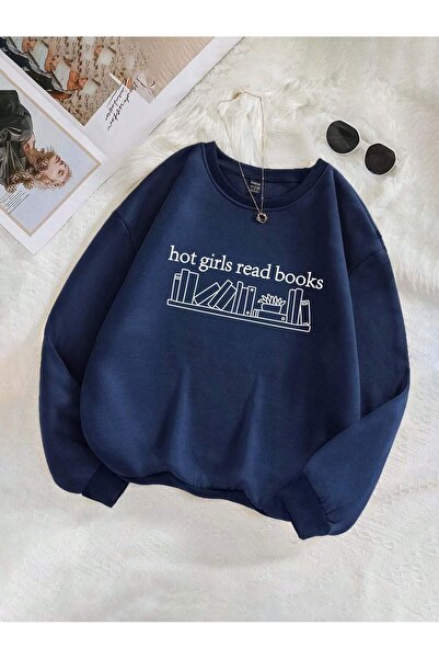 Flood Of Style Lacivert Femei Lacivert Read Books cu imprimeu guler rotund supradimensionat