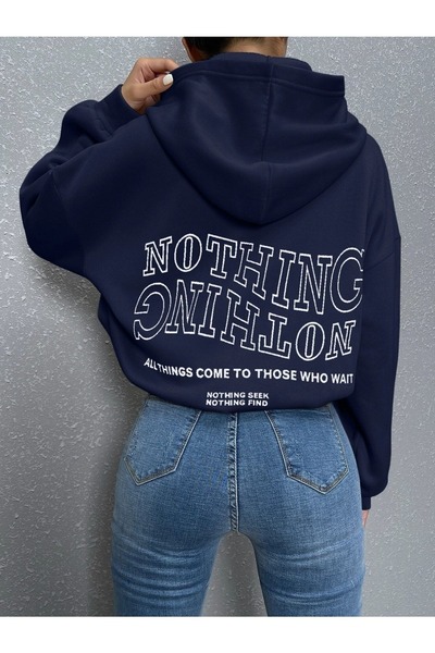 Flood Of Style Hanorac pentru femei bleumarin Nothing cu imprimeu cu glugă