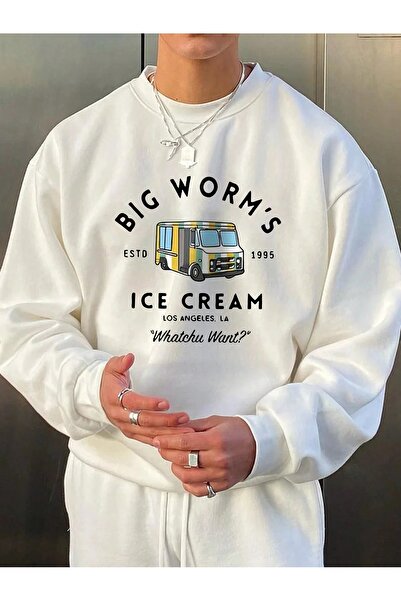 Flood Of Style White Men's White Big Worm's Printed Crew Neck Oversize