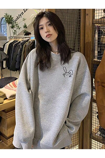 Flood Of Style Gray Women's Gray Figure Rabbit Printed Crew Neck Oversize