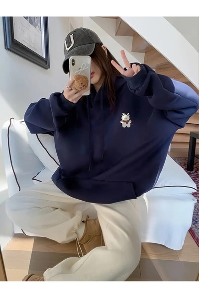 Flood Of Style Γυναικείο μπλουζάκι με κουκούλα Navy Blue Navy Blue Figure Plu...