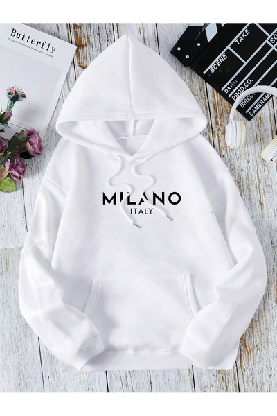 Flood Of Style Hanorac alb unisex alb Milano cu imprimeu 3 Thread K cu glugă