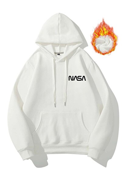 Flood Of Style White Women's White Nasa Printed 3 Thread Hooded Hoodie