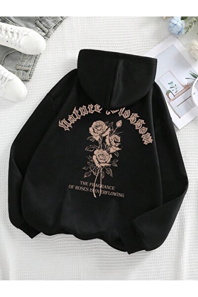 Flood Of Style Hanorac negru unisex Black Nature Rose cu imprimeu cu glugă