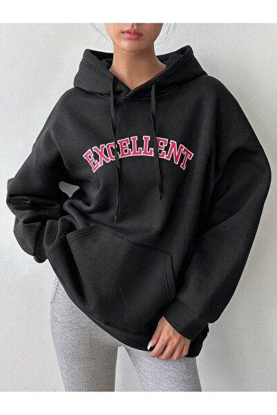 Flood Of Style Hanorac negru pentru femei Black Excellent cu imprimeu cu glugă