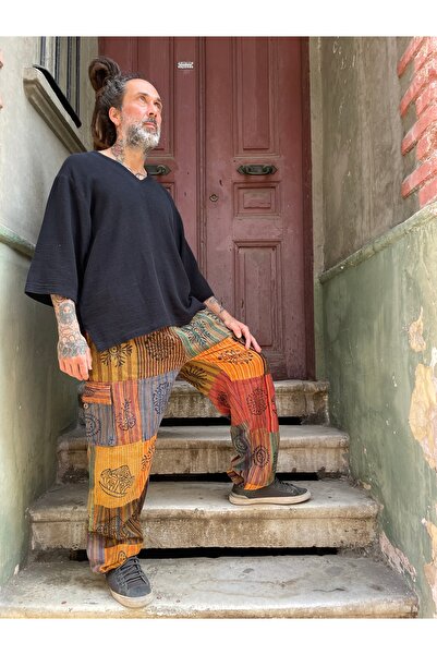 Bohoyasam Unisex Nepal Patchwork Etnik Pamuk Pantolon – Renkli, Bol Paça, Lastikli Bel, Bol Pantolon