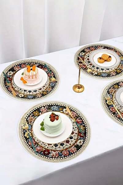 Valerine Life 6’lı Yuvarlak Amerikan Servis Altlığı 35x35cm Restoran Ev İçin Yıkanabilir Kaymaz Çiçekli