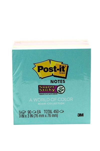 Post-it Super Sticky Trendy Self-Stick Notes Miami Neon – 3" x 3", 450 Sheets