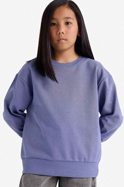 DeFacto Relax Fit Crew Neck Basic Plain School Purple Girl's Sweatshirt A2797A8/Pr510