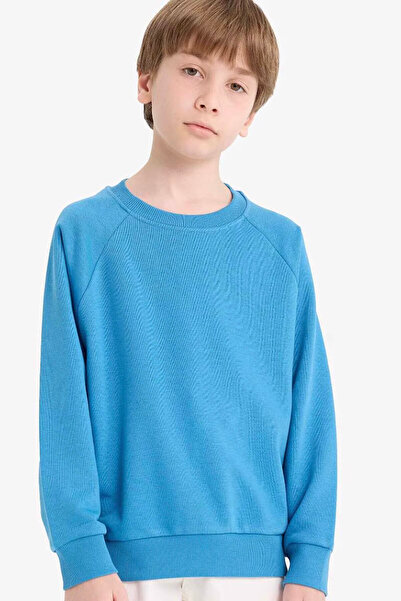 DeFacto Bisiklet Yaka Basic Düz Okul Mavi Erkek Çocuk Sweatshirt E8415A8/BE278