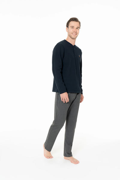 U.S. Polo Assn. Erkek Pijama Takımı, Cepli, Pamuk Karışımlı, Uzun Kollu, Düğmeli Yaka, Ev Giyim