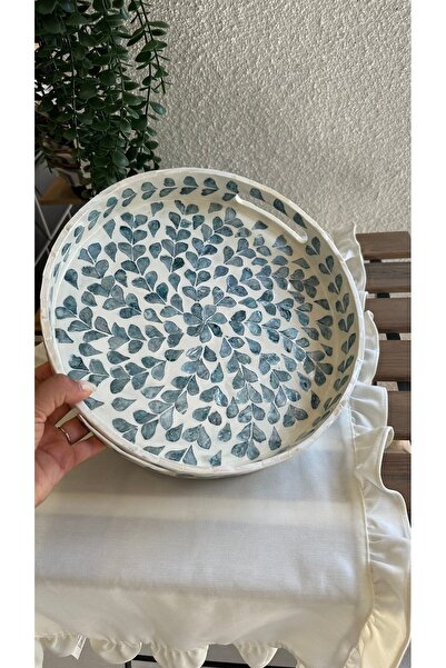 Decamor home Handmade Indigo Blue Detailed Tray with Pearlescent Stone Detail Large Size