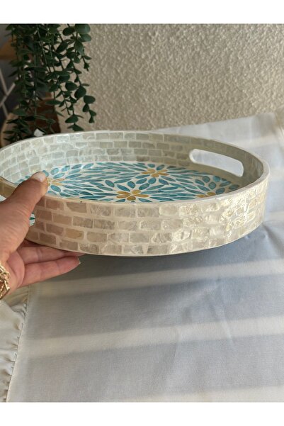 Decamor home S.Def Stone Detailed Handmade Turquoise Blue Detailed Tray Large Size