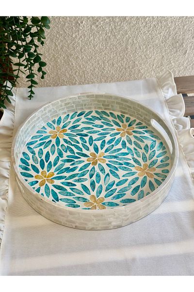 Decamor home Handmade Turquoise Blue Detailed Tray Large Size