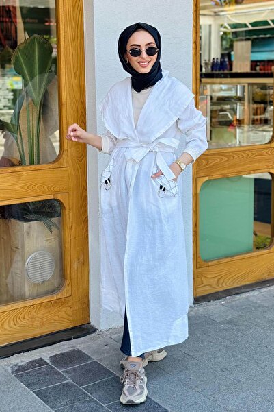 MissWhence Dikiş Detaylı Cepli Keten Kap Beyaz