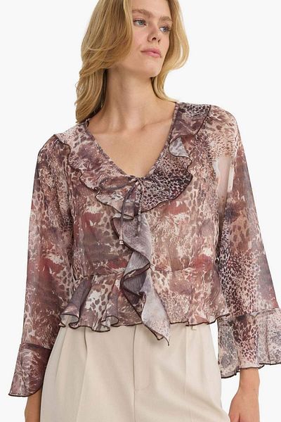 DeFacto Regular Fit V Neck Patterned Front Tie Flounced Chiffon Long Sleeve Blouse G0263Ax25Au